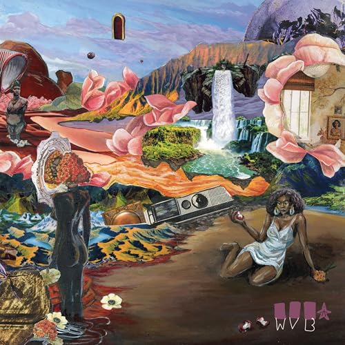 Surreal album cover with figures, flowers, and landscape in vibrant colors.