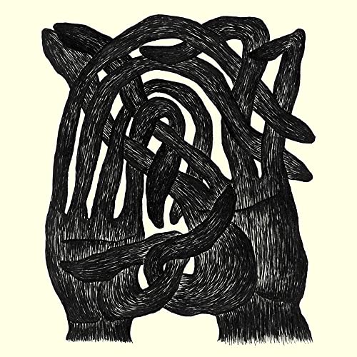 Black abstract ink drawing of swirling, interwoven lines and shapes.
