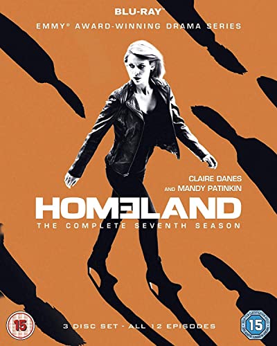 Homeland Season 7 Blu-ray cover featuring Claire Danes against an orange background with shadows.