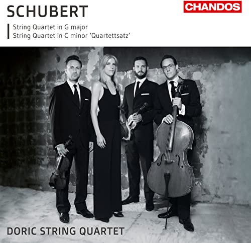 Doric String Quartet portrait with instruments, against a stone wall backdrop.