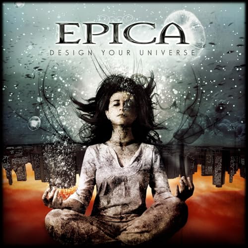 Album cover for Epica’s “Design Your Universe” featuring a woman and city.