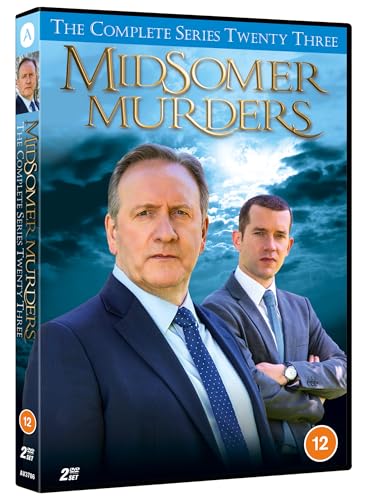 DVD cover for Midsomer Murders Series 23 featuring two men in suits against clouds.