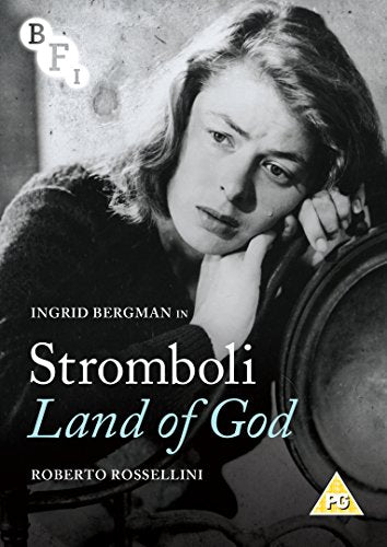Black and white DVD cover for Stromboli Land of God featuring Ingrid Bergman.
