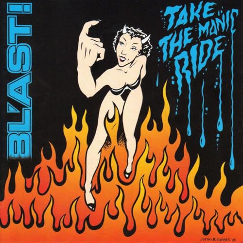 A cartoon devil woman stands in flames on this black album cover.