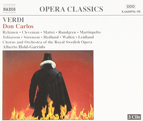 CD cover for Verdi’s Don Carlos opera, man before flames.