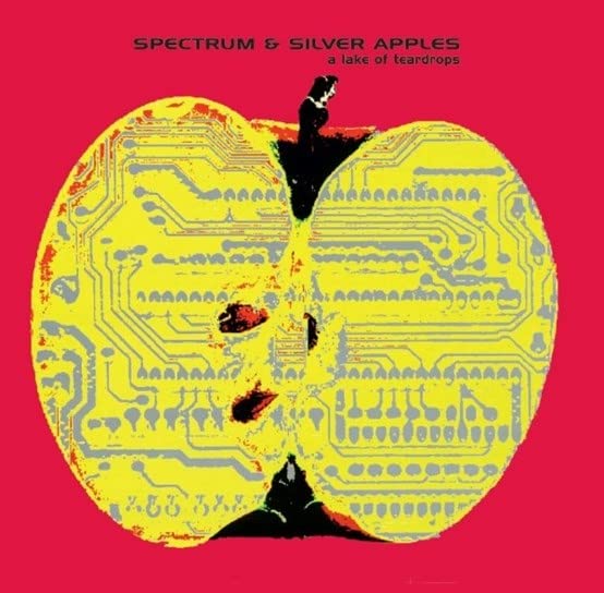 Yellow circuit board apple on red background, album cover art.