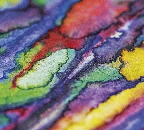 Abstract watercolor painting with blended streaks of purple, red, green, and yellow pigment.