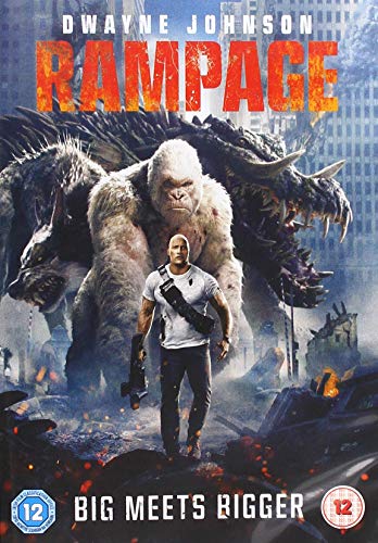 Dwayne Johnson stands before a giant white gorilla and a monster in a city.
