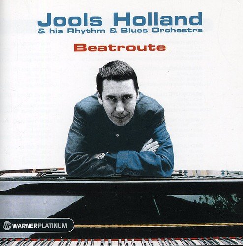 AlbumSleeve for Jools Holland's Beatroute album featuring him leaning over a black piano.