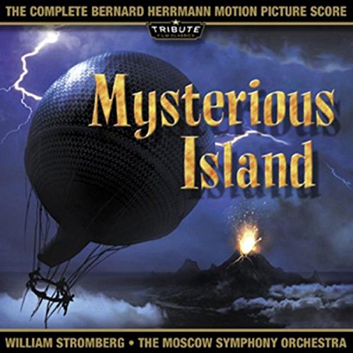 CD cover for "Mysterious Island" score featuring a hot air balloon and volcano.