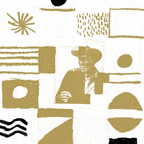 Golden abstract shapes and a portrait of a man in a hat.