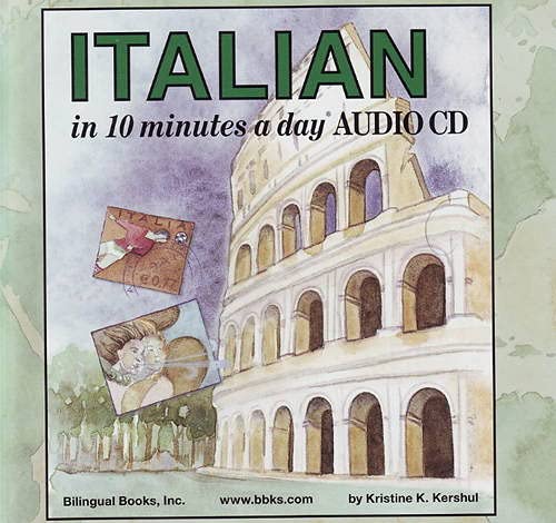 Italian language learning audio CD wallet with Colosseum illustration.
