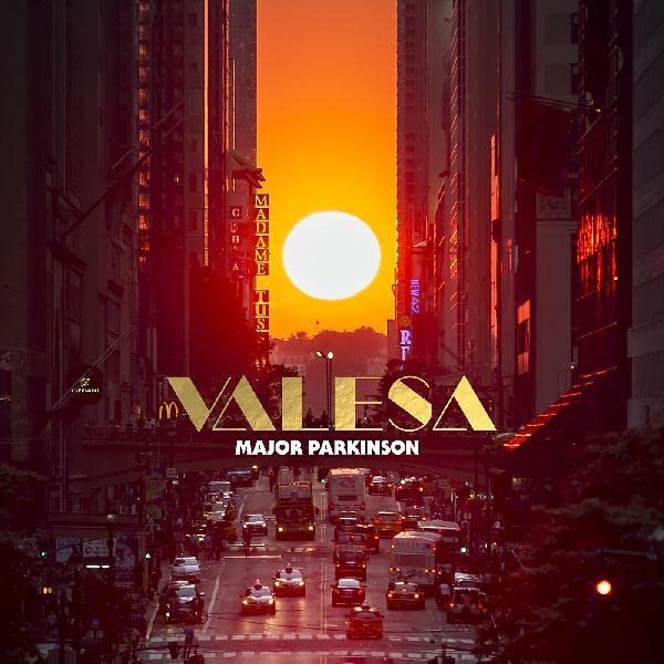 Album cover for Major Parkinson’s “Valesa” with a sunset cityscape.