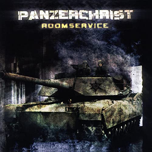 Tank with figures in a ruined urban setting, album cover art.