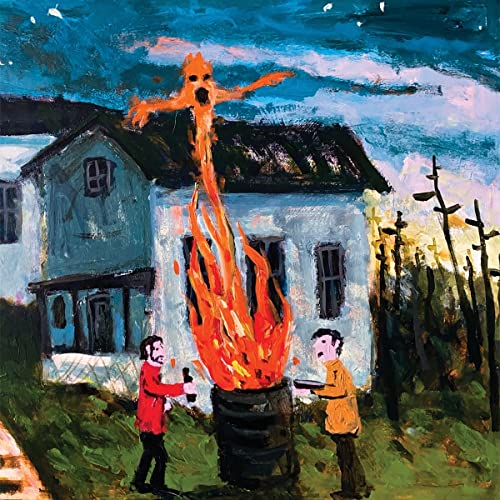 Painted album cover depicting a burning figure above a house and two people.