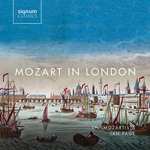 CD cover: historic London cityscape with sailing vessels, text “Mozart in London.”