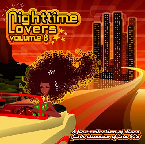 CD cover for “Nighttime Lovers, Vol. 8” with illustrated city and woman.
