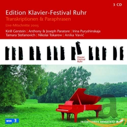 Red CD cover with piano keys, a red piano, and green trees.