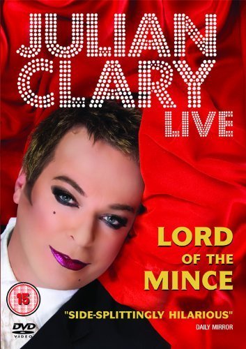 Julian Clary with makeup on a red background, DVD cover for Lord of Mince.