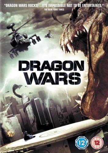 A giant dragon head looms over a city skyline with helicopters attacking in the sky.