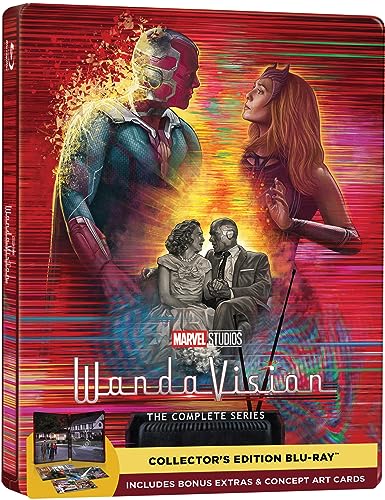 Wandavision Blu-ray cover featuring Scarlet Witch, Vision, and a vintage couple.