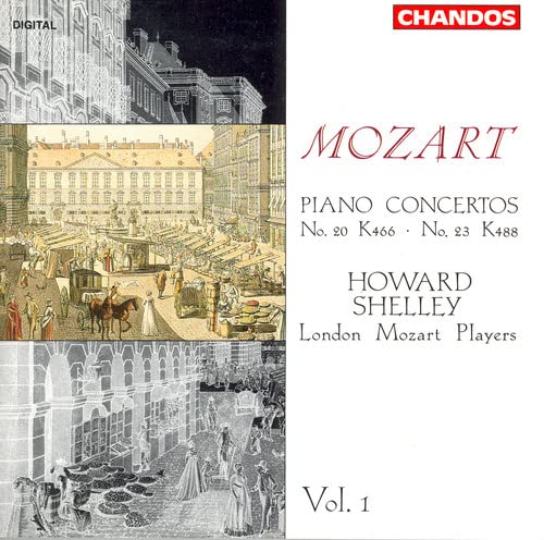 CD cover for Mozart piano concertos with historical street scenes.