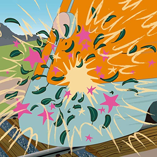 Abstract album art with orange, blue, pink, and green shapes and bursts.