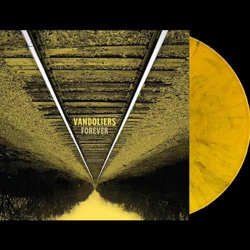 Vinyl record with gold and black splatter, album art of railroad tracks.