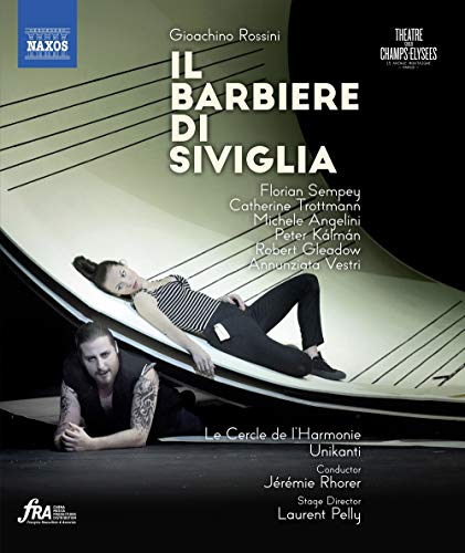 Blu-ray cover for Rossini’s *Il Barbiere di Siviglia* opera, featuring performers.