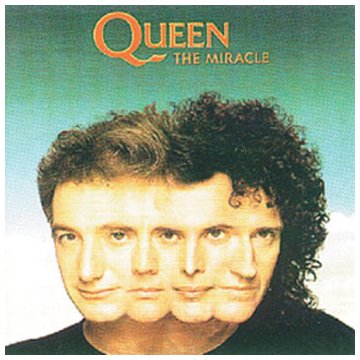 Queen’s “The Miracle” album cover featuring three mirrored portraits of band members.