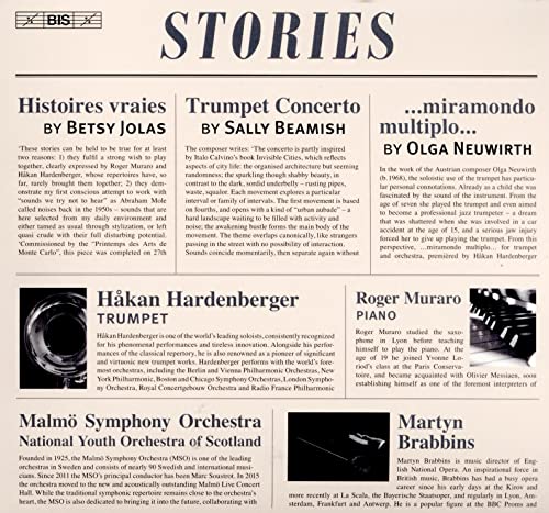 CD cover for "Stories" featuring composers Jolas, Beamish, and Neuwirth, with a trumpet player.