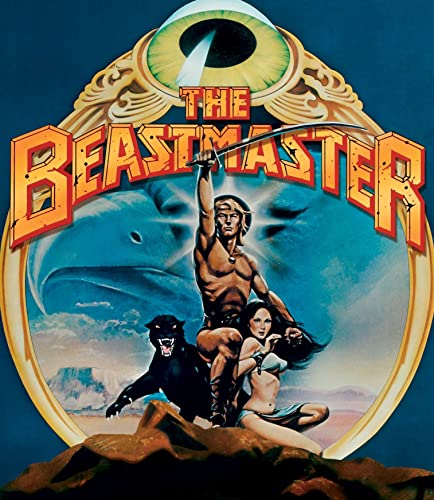 Movie poster for "The Beastmaster" featuring a man, panther, and large eye.