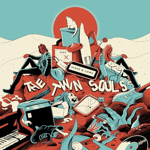 CD cover art: two people amidst scattered objects and a red sun.