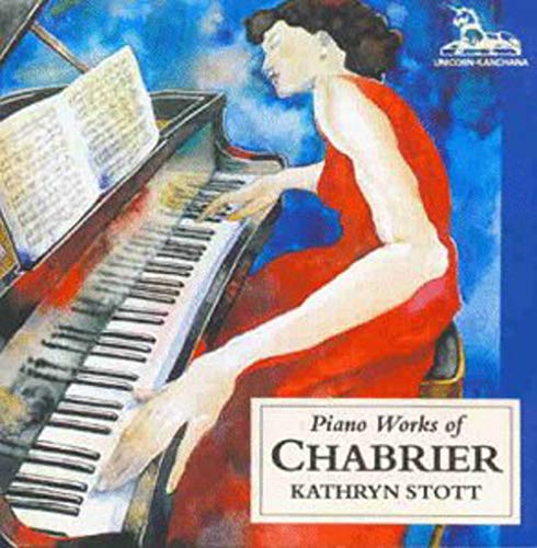 Woman playing piano, sheet music, album cover for Kathryn Stott’s Chabrier works.