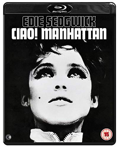 Blu-ray cover for Ciao! Manhattan featuring a black and white portrait of Edie Sedgwick.
