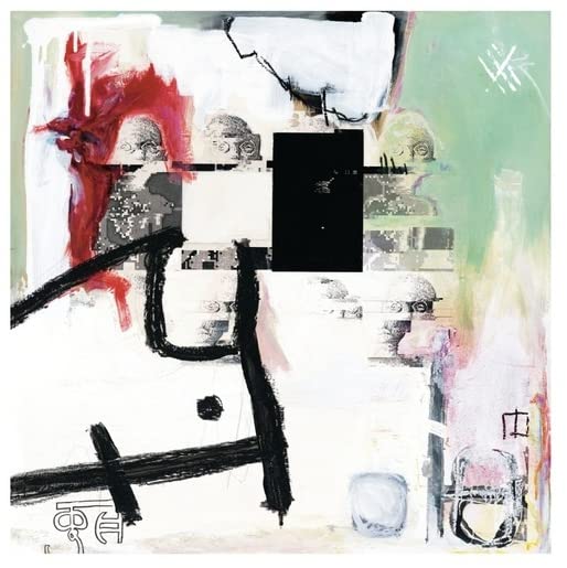 Abstract album cover with fragmented faces, bold brushstrokes, and black markings.