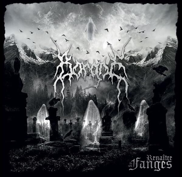 Black and white album cover depicting a graveyard with birds and mountains.