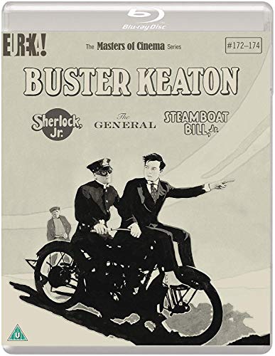 Black and white films starring Buster Keaton on Blu-ray disc packaging with film stills.