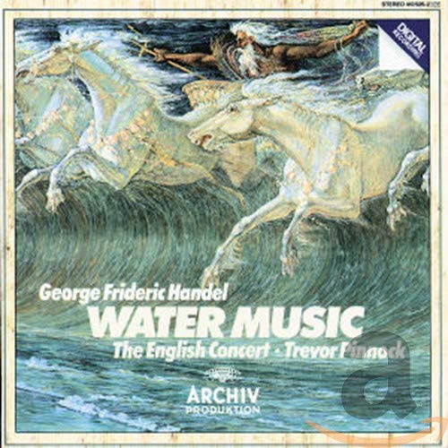 CD cover for Handel’s Water Music, featuring horses and a conductor.