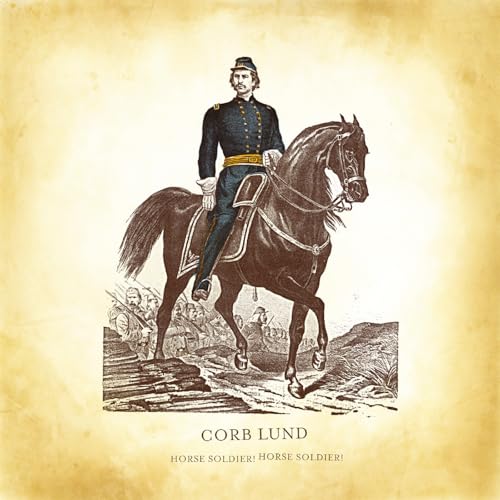 Vintage-style illustration of a soldier on horseback, with battle scene below.