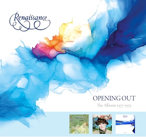 Renaissance album “Opening Out” cover: abstract blue and colorful ink swirl.