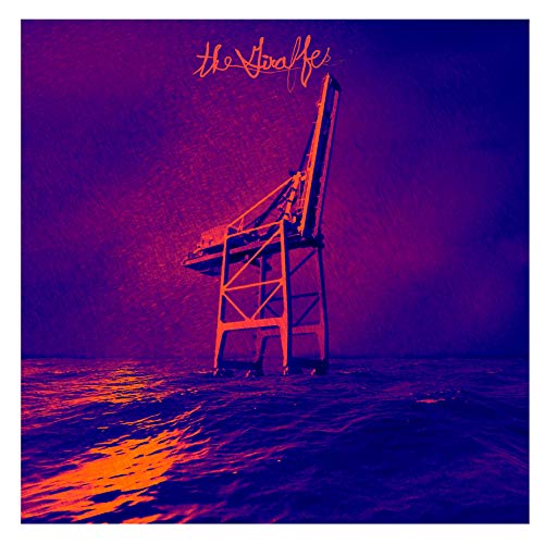 Album cover: orange oil rig structure on water, purple rain.