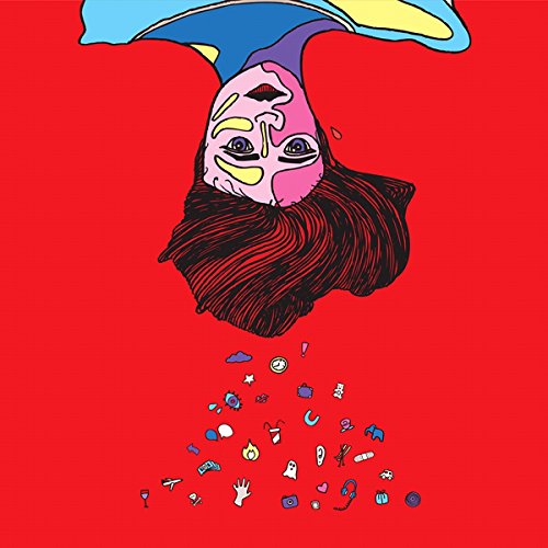Red album cover with abstract pink face and falling objects.