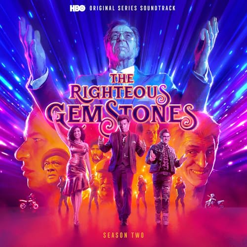 “Righteous Gemstones” Season 2 soundtrack vinyl cover with cast portraits and neon effects.