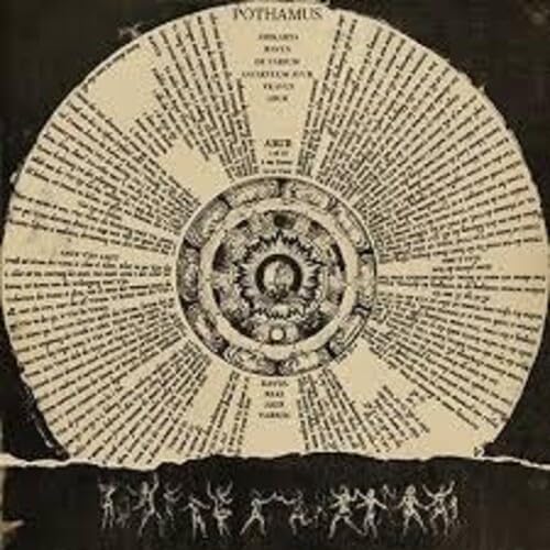 Black and white vinyl record label with intricate circular design and figures.