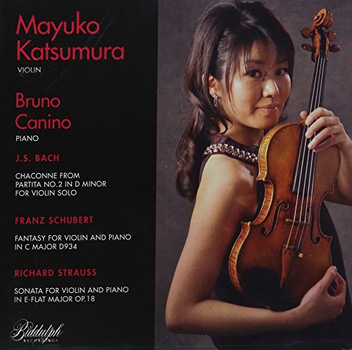 Mayuko Katsumura holding a violin, CD cover for Bach, Schubert & Strauss.