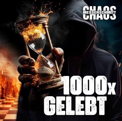 Hooded figure holding a flaming hourglass over a burning chessboard.