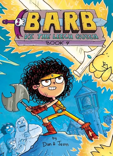 Cartoon book cover featuring a girl warrior with an axe, facing monsters.