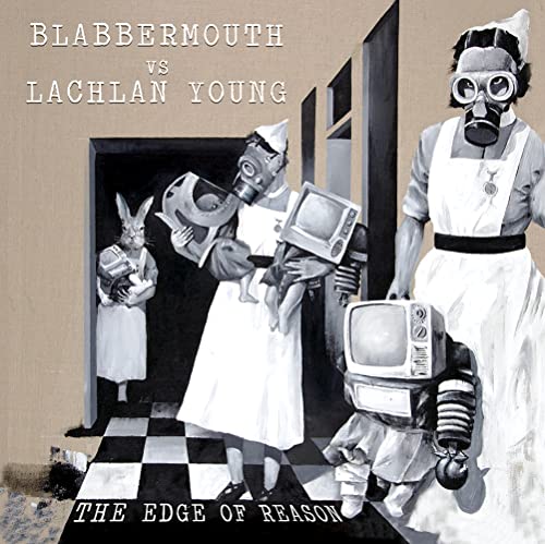 Surreal album cover featuring figures in nurse uniforms and gas masks.