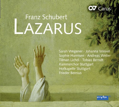 CD cover for Schubert’s “Lazarus” oratorio, featuring raised hands and green background.